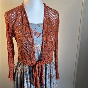 My Glamour Lady Rustic Orange Open Knit Crochet Style Tie-Front Boho Cardigan
